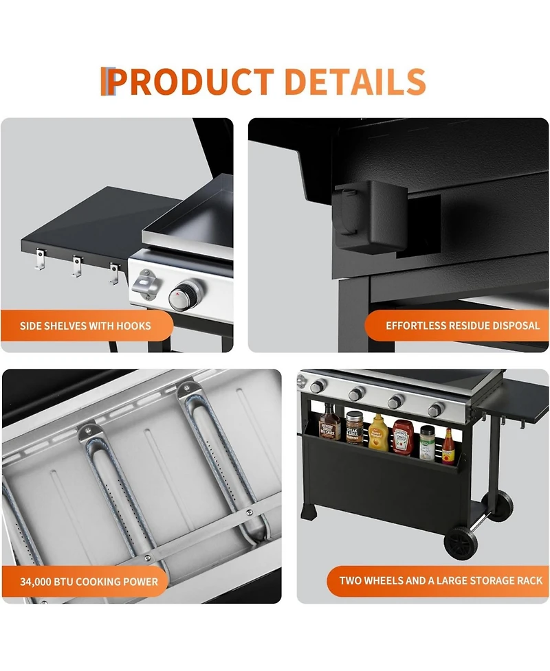 Xo 4-Burner Propane Gas Grill, 32,000 Btu Bbq with Wheels, Side Shelves for Camping Patio