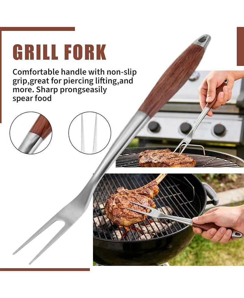 Xo 3-Piece Bbq Tools Set, Stainless Steel Spatula Fork Tongs, Rosewood Handles for Grilling