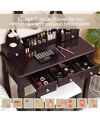 Gouun Dimmable Led Vanity Table Set with Cushioned Stool, 5 Drawers and 360-Degree Mirror