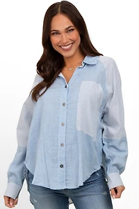 Pinkblush Maternity Light Blue Striped Colorblock Button Up Top