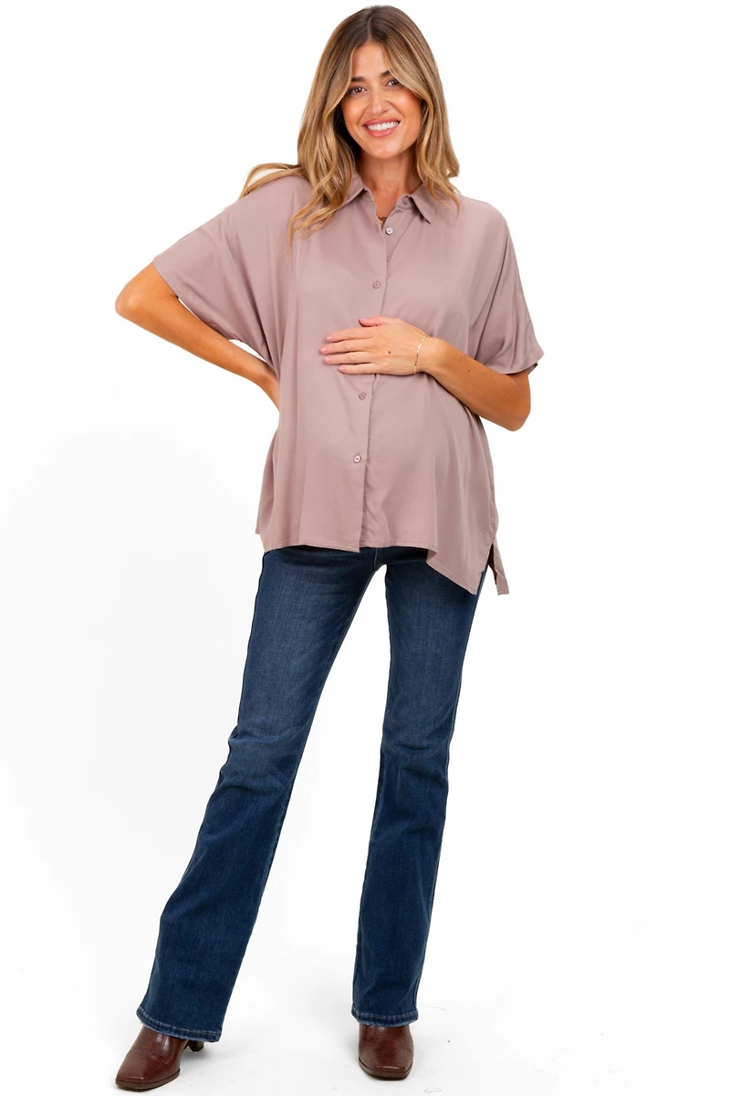 Pinkblush Maternity Brown Dolman Sleeve Button Down Maternity Blouse