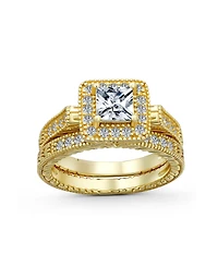 Bling Jewelry Art Deco Style Cubic Zirconia Halo Cz Square Princess Cut Solitaire Ring Set with Band Sterling Silver