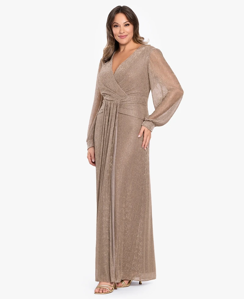 Betsy & Adam Plus V-Neck Lurex Knit Ball Gown