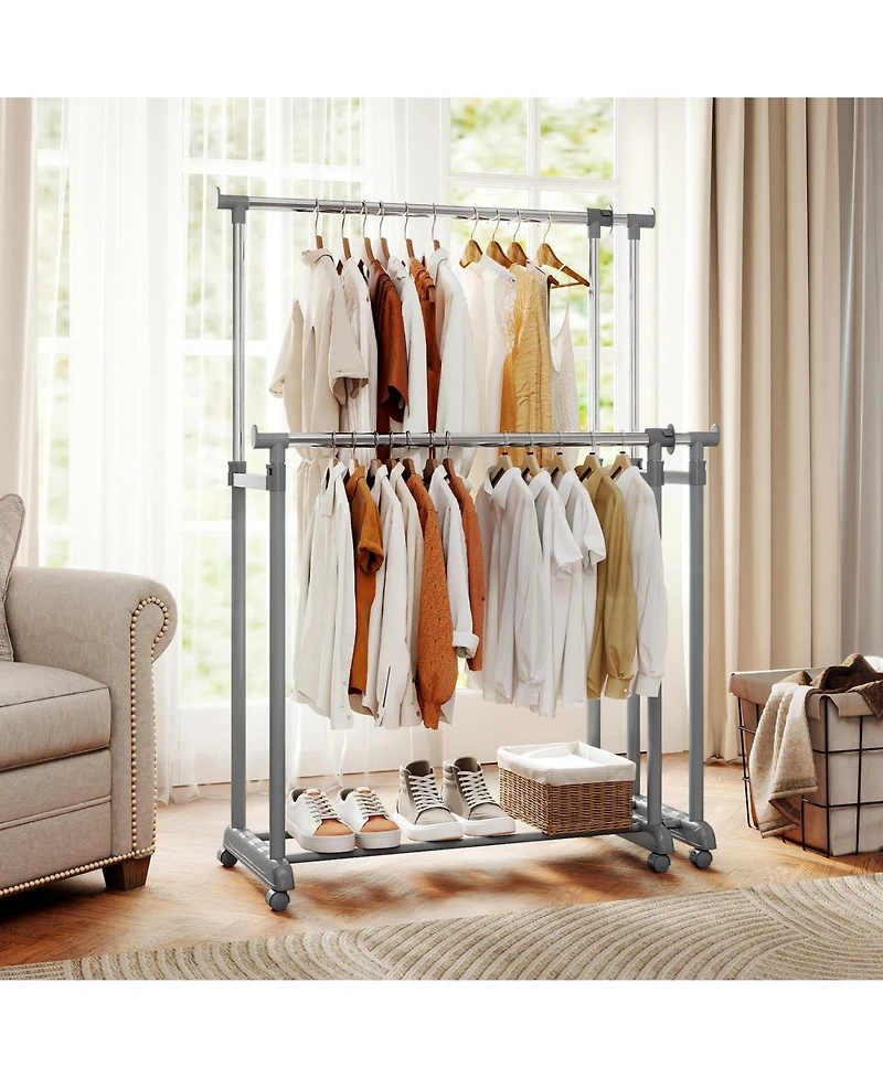 Gouun Adjustable Double Rod Garment Rack with Casters