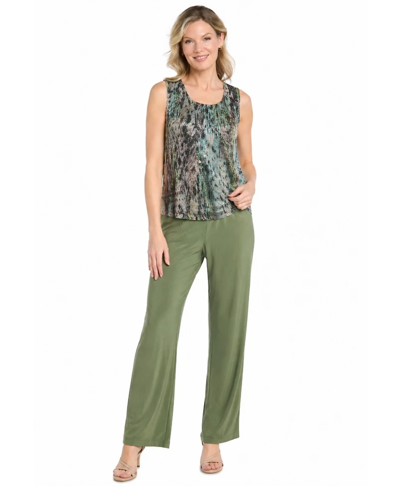 R & M Richards Women's 3 Piece Animal Print Metallic Crinkle Duster Pantsuit