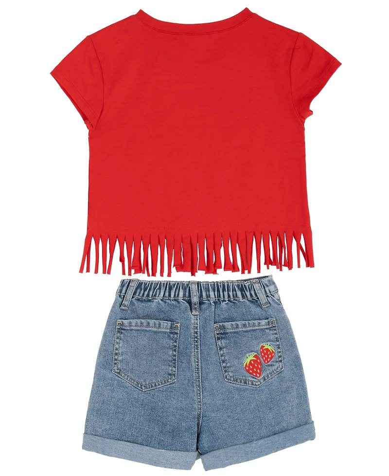 Rare Editions Girls' 2T-6X Raglan Short-Sleeve T-shirt and Denim Shorts, 2-Piece Set