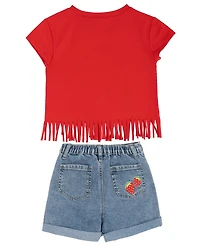 Rare Editions Girls' 2T-6X Raglan Short-Sleeve T-shirt and Denim Shorts, 2-Piece Set