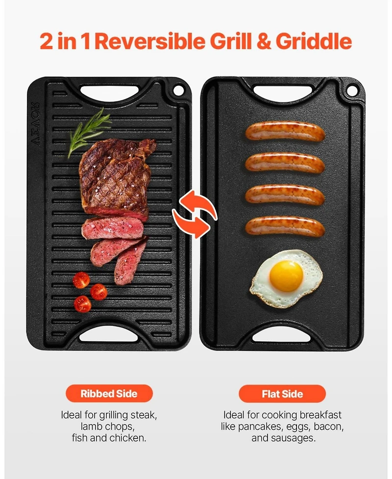 Mecale Reversible Cast Iron Grill/Griddle, 14" x 8.5", Pre-Seasoned, Portable Pan with Handle, Indoor/Outdoor