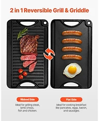 Mecale Reversible Cast Iron Grill/Griddle, 14" x 8.5", Pre-Seasoned, Portable Pan with Handle, Indoor/Outdoor