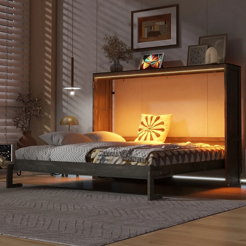 Streamdale Furniture Murphy Bed with Led Light, Foldable Cabinet