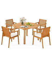 Costway 5 pieces Acacia Wood Patio Dining Set with Umbrella Hole and Cushions for Deck, Garden