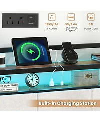 Gymax Twin Size Bed Frame Led Light and Charging Station Heavy Duty Metal Platform Bed