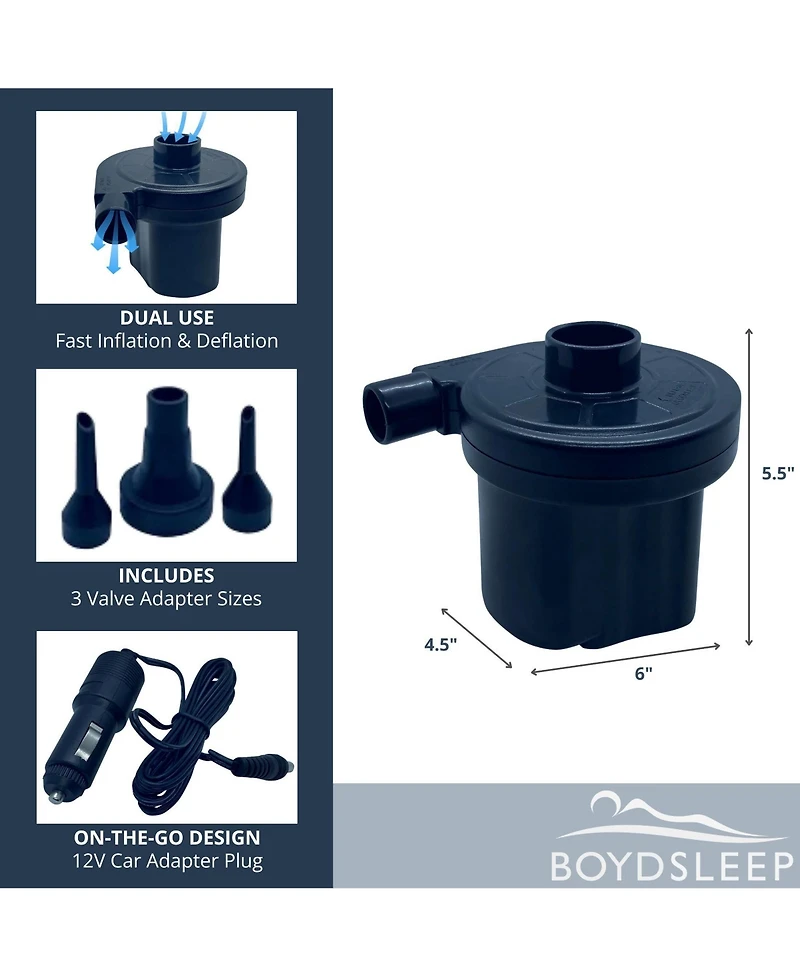 Boyd Sleep Portable Air Mattress Pump with 12V Dc Car Adapter Plug-In - Fast Inflate & Deflate, Fits Beautyrest Airbeds