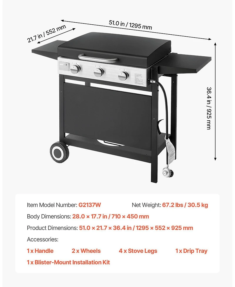 Mecale 3-Burner Propane Gas Griddle, 33,000 Btu, Wheels and Lid, Pulse Ignition, Removable Top, Outdoor