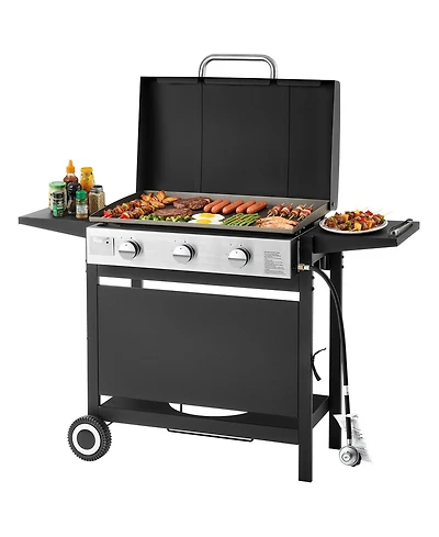 Mecale 3-Burner Propane Gas Griddle, 33,000 Btu, Wheels and Lid, Pulse Ignition, Removable Top, Outdoor
