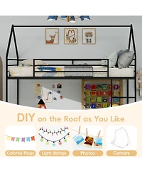 Rainsken Metal Bunk Bed for Kids Twin Over Twin, House Shaped, with Ladder and Full-Length Guardrail, Noise Free, No Spring Box Required