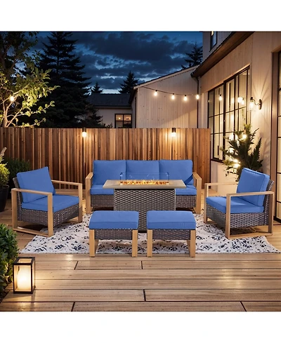 Pocassy Pieces Patio Furniture Set with Fire Pit Table, Conversation Wicker Chair Sofa Ottoman Rectangular Table