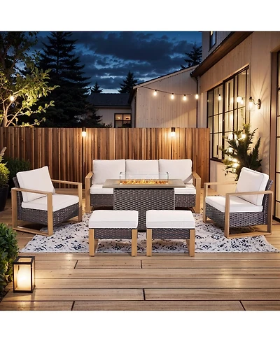 Pocassy Pieces Patio Furniture Set with Fire Pit Table, Conversation Wicker Chair Sofa Ottoman Rectangular Table