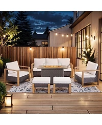 Pocassy Pieces Patio Furniture Set with Fire Pit Table, Conversation Wicker Chair Sofa Ottoman Rectangular Table