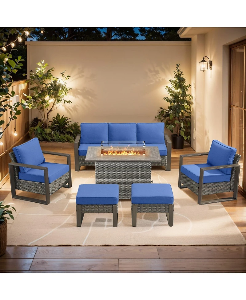 Pocassy Pieces Patio Furniture Set with Fire Pit Table, Conversation Wicker Chair Sofa Ottoman Rectangular Table