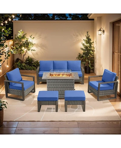 Pocassy Pieces Patio Furniture Set with Fire Pit Table, Conversation Wicker Chair Sofa Ottoman Rectangular Table