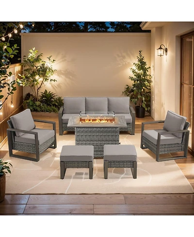 Pocassy Pieces Patio Furniture Set with Fire Pit Table, Conversation Wicker Chair Sofa Ottoman Rectangular Table