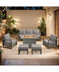 Pocassy Pieces Patio Furniture Set with Fire Pit Table, Patio Conversation Set Wicker Patio Chair Sofa Ottoman with Rectangular Fire Table