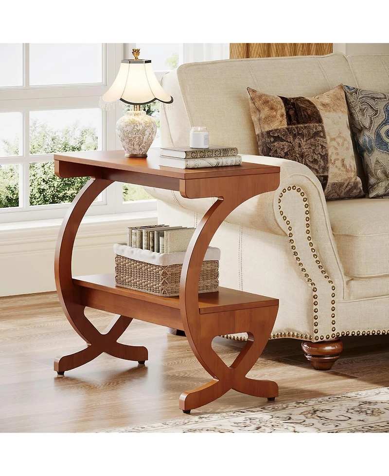 Tribesigns Wood End Table, 2-Tier Modern Side Table with Storage Shelves and Curved Crossed Legs for Living Room, Bedroom