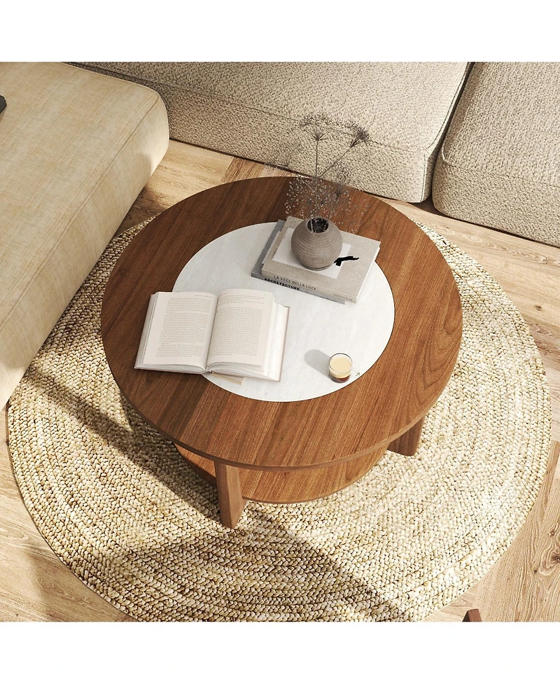 Gymax Round Coffee Table w/ 2-Tone Tabletop and Open Storage Shelf Wood Support Legs