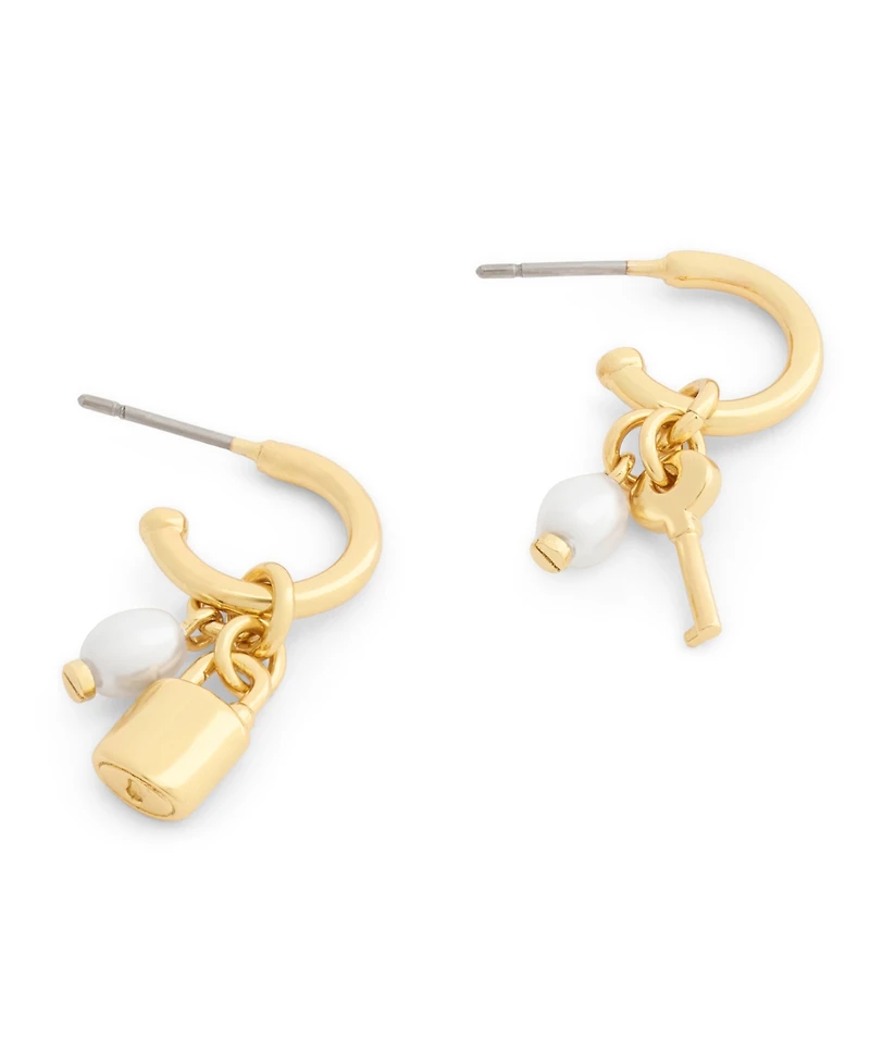 Coach Faux Imitation Pearl Iconic Lock Key Charm Huggie Earrings