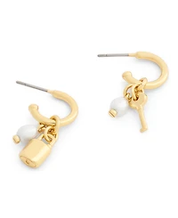 Coach Faux Imitation Pearl Iconic Lock Key Charm Huggie Earrings