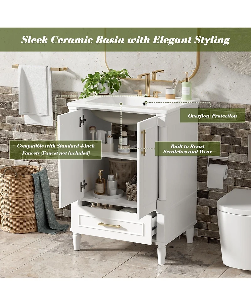Sillysis 24 Inch Bathroom Vanity with Sink, Modern French Leg Cabinet, Adjustable Shelf and Soft Close Drawer for Small