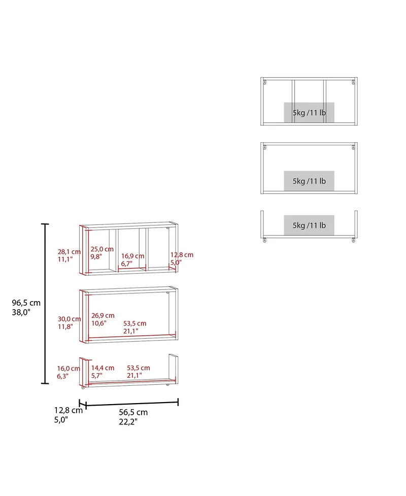 Fm Furniture Wall Mounted Floating Shelves, Set of 3 Rectangular Display Racks