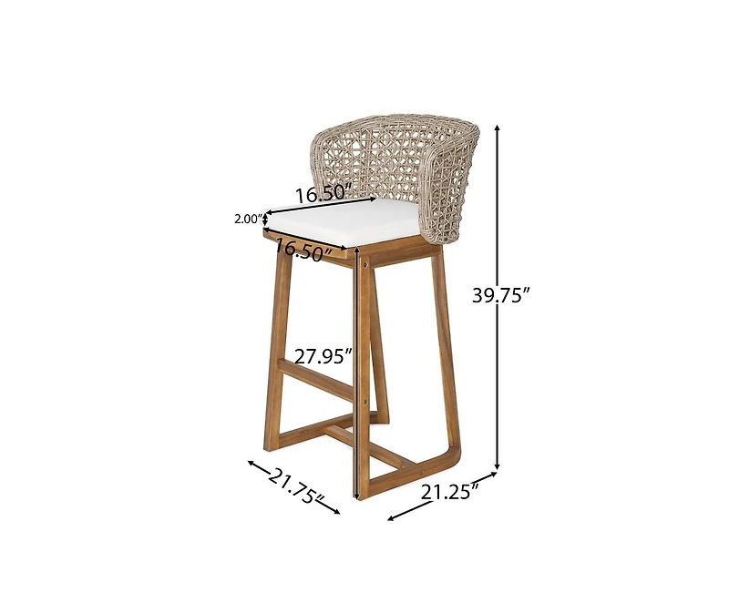 sumyeg Outdoor Acacia Wood Bar Stools Set of 2 with Cushion and Wicker Back for Patio or Kitchen Island