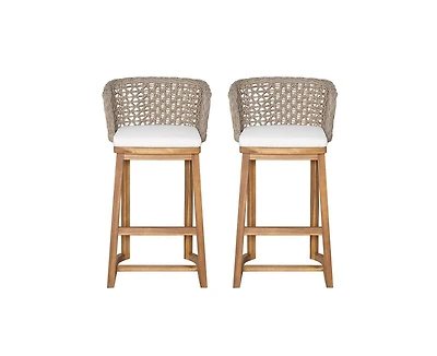 sumyeg Outdoor Acacia Wood Bar Stools Set of 2 with Cushion and Wicker Back for Patio or Kitchen Island