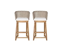 sumyeg Outdoor Acacia Wood Bar Stools Set of 2 with Cushion and Wicker Back for Patio or Kitchen Island