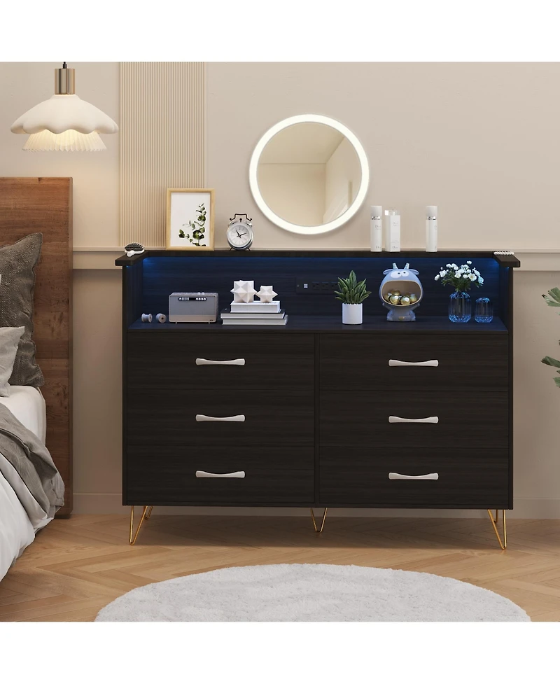 homfan Modern 6-Drawer Dresser with App-Controll Rgb Led Lights and Built-In Charging Station, Water Mark Resistant Mdf Metal Legs, Assembly