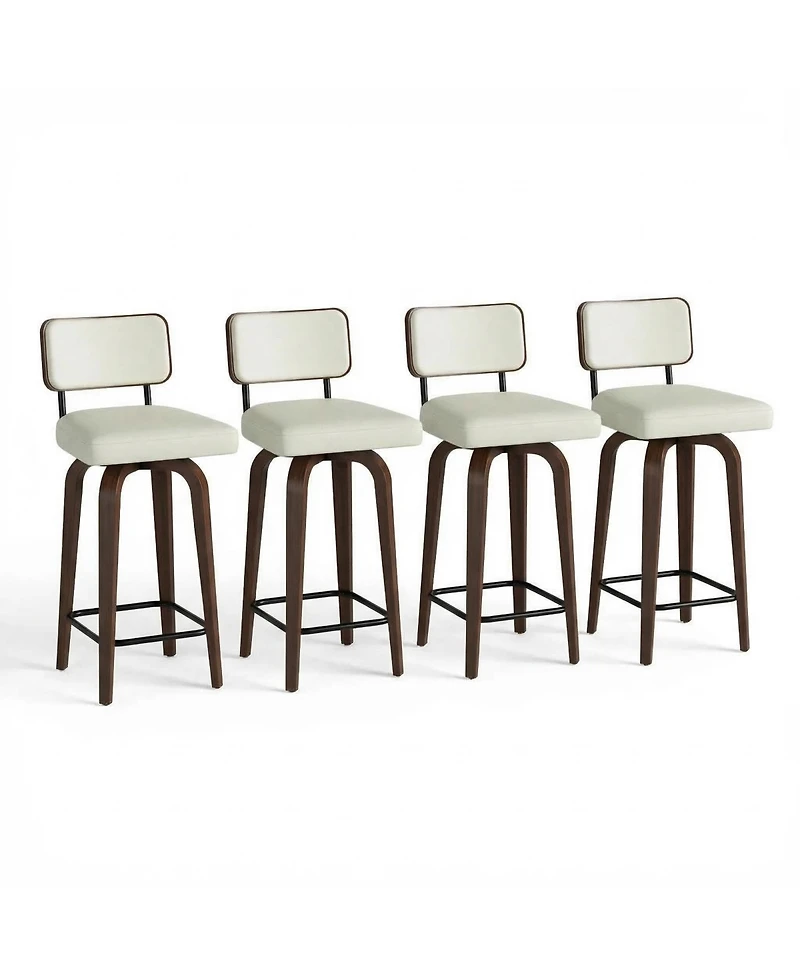 homfan Swivel Bar Stools Set of 4, Upholstered Counter Height with Back and Walnut Wood Legs, Mid Century Stools for Kitchen Counter, Faux Leather