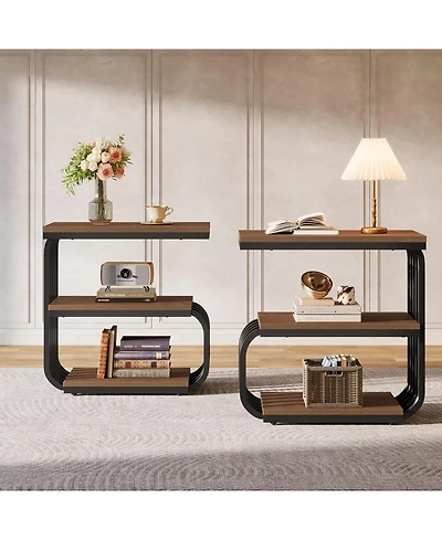 Tribesigns End Table Set of 2, Narrow Side or Bedside Table, 3-Tier Accent with Metal Frame