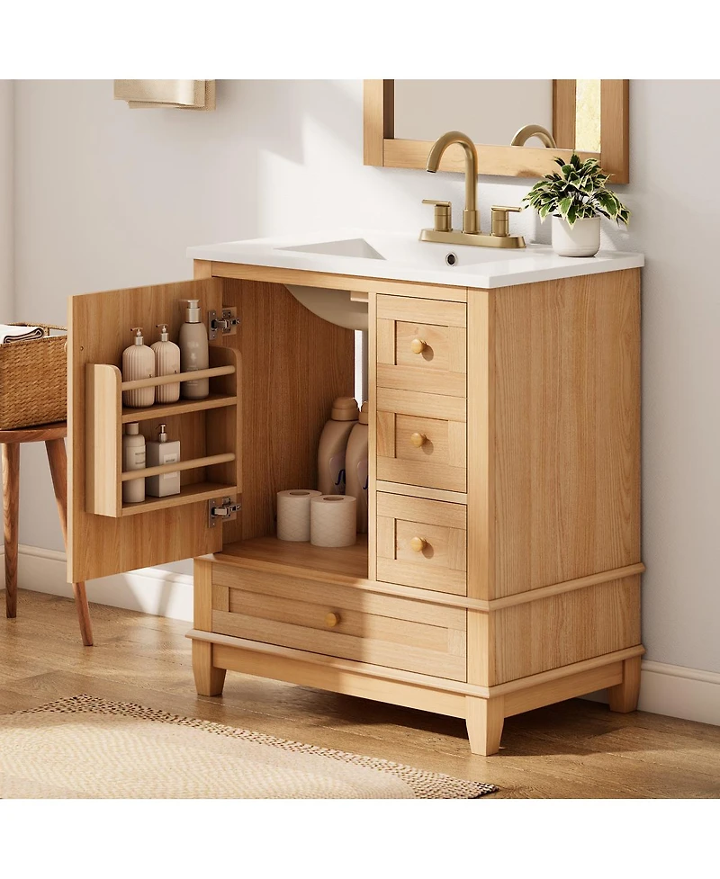 Sillysis Bathroom Vanity with Ceramic Sink, Wood Grain Solid Wood and Mdf Cabinet, Soft Close Drawers for Compact Bathroom