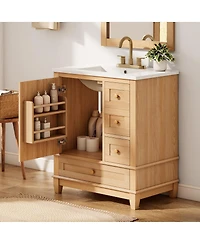 Sillysis Bathroom Vanity with Ceramic Sink, Wood Grain Solid Wood and Mdf Cabinet, Soft Close Drawers for Compact Bathroom