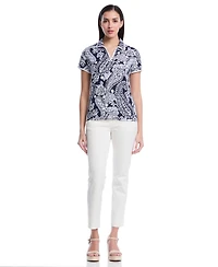 Rafaella Women's Petite Paisley Print Contrast Trim Johnny Collar Short Sleeve Polo Shirt