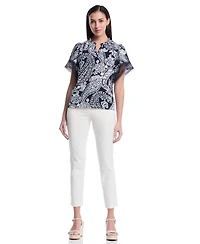 Rafaella Women's Petite Paisley Print Flutter Lace Short Sleeve Blouse