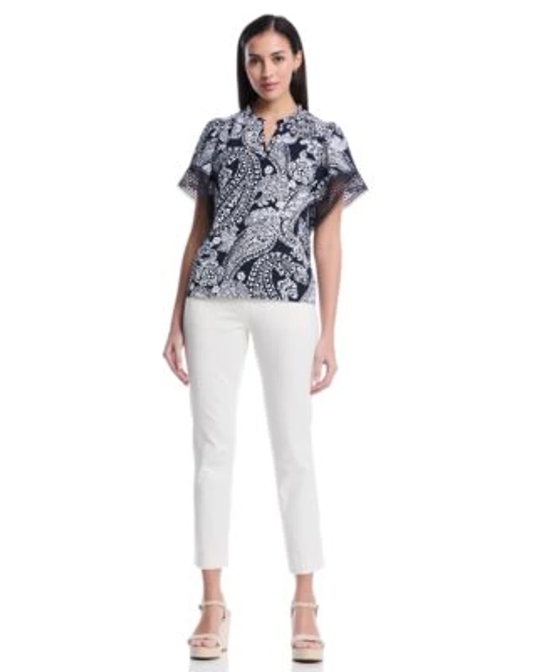 Rafaella Petite Paisley Print Flutter Lace Short Sleeve Blouse Crochet Trim Pants