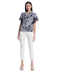 Rafaella Petite Paisley Print Flutter Lace Short Sleeve Blouse Crochet Trim Pants