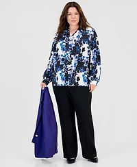 Kasper Plus Printed V-Neck Blouson-Sleeve Blouse