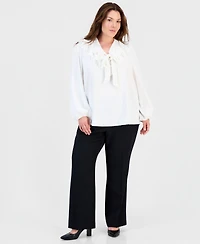 Kasper Plus Long-Sleeve Split-Neckline Ruffle Blouse