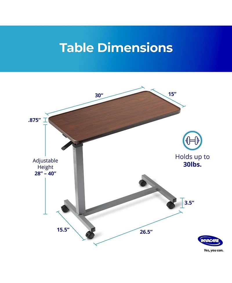 Invacare Adjustable & Tilting Table Bed - Height Adjustable Bedside Table w/ Wheels & L-Shaped Base