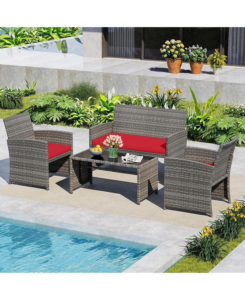 Gouun 4-Piece Patio Wicker Conversation Set with Loveseat and Armchairs