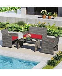 Gouun 4-Piece Patio Wicker Conversation Set with Loveseat and Armchairs